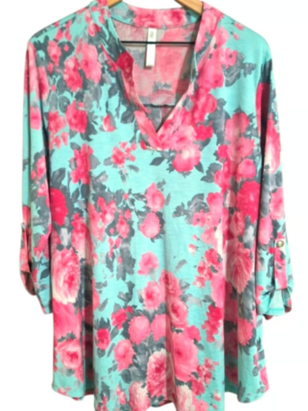 Women's Mint & Pink Florals Dear Scarlett 3/4 Sleeve Top~XL